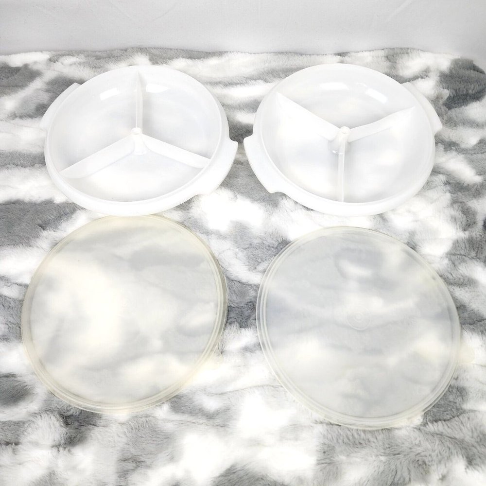 2 Tupperware Vintage White Suzette 3 Section Divided Serving Dishes w/ Lids